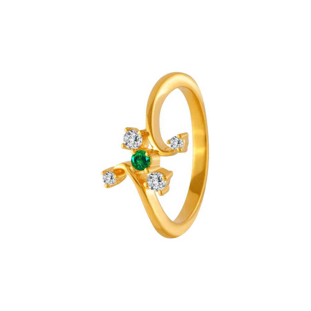 22KT Yellow Gold, American Diamond And Emerald Ring For Women