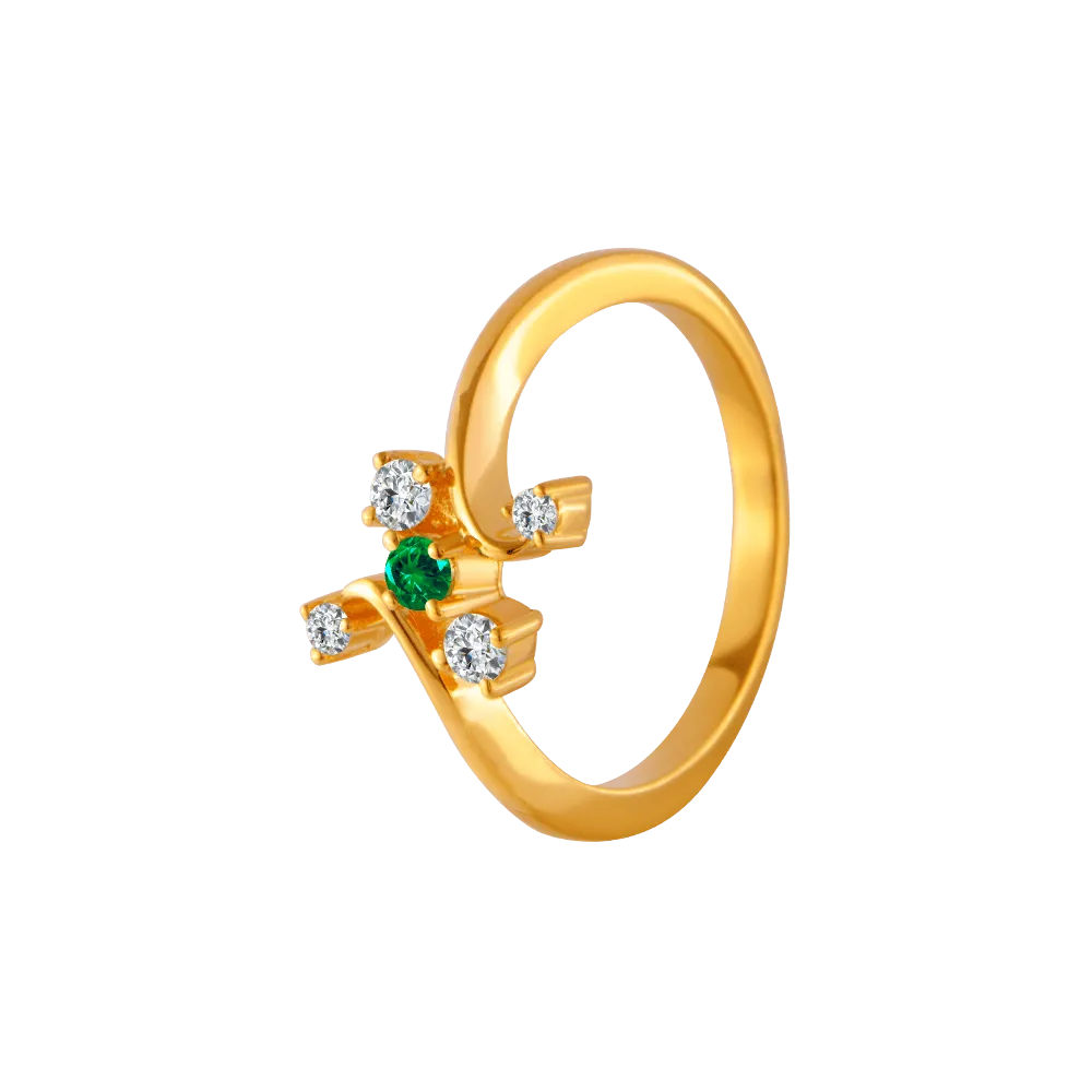 22KT Yellow Gold, American Diamond And Emerald Ring For Women