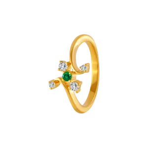 22KT Yellow Gold, American Diamond And Emerald Ring For Women