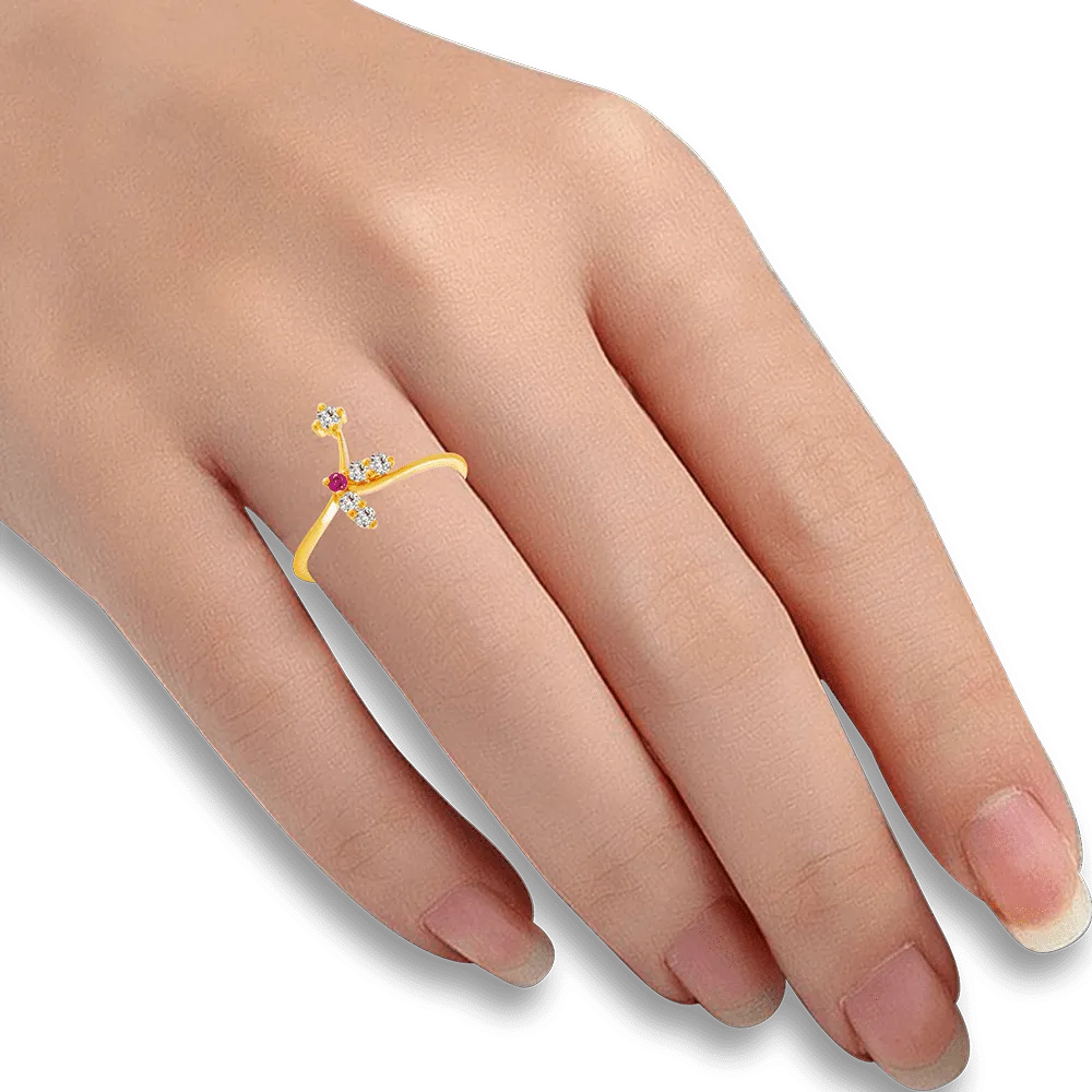22KT Yellow Gold, American Diamond And Ruby Ring For Women