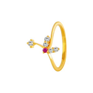 22KT Yellow Gold, American Diamond And Ruby Ring For Women