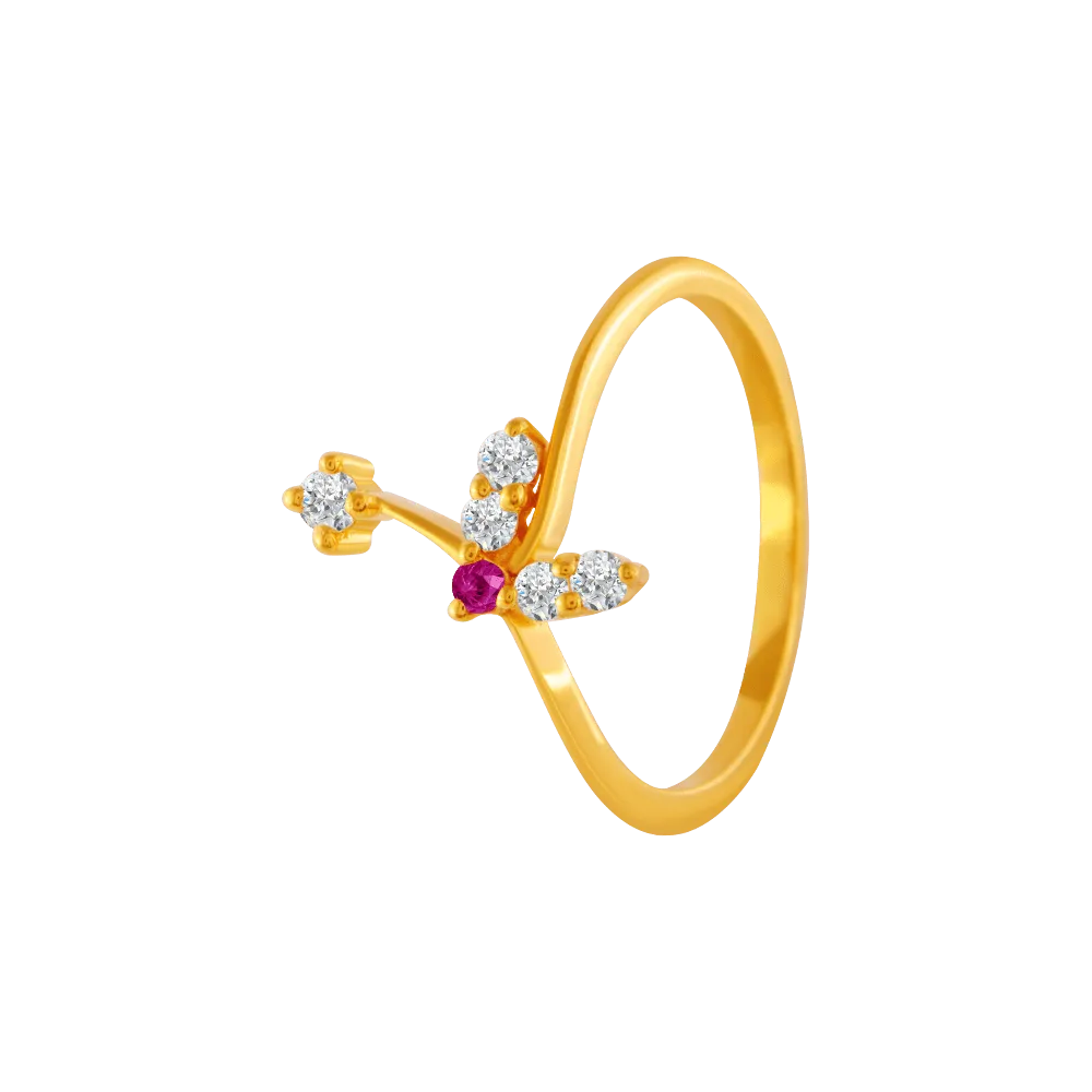22KT Yellow Gold, American Diamond And Ruby Ring For Women