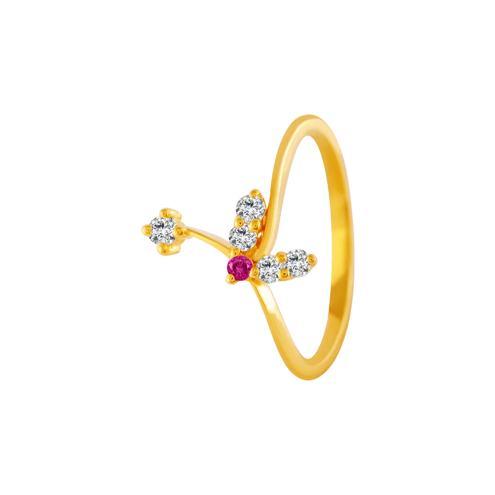 22KT Yellow Gold, American Diamond And Ruby Ring For Women