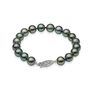8" Tahitian Black Pearl Bracelet in White Gold - 9-10mm