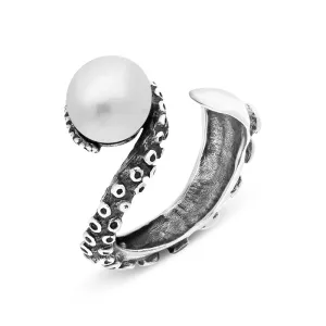 9ct White Gold Freshwater Pearl Bead Swirl Tentacle Ring