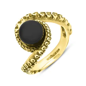 9ct Yellow Gold Whitby Jet Bead Twist Tentacle Ring