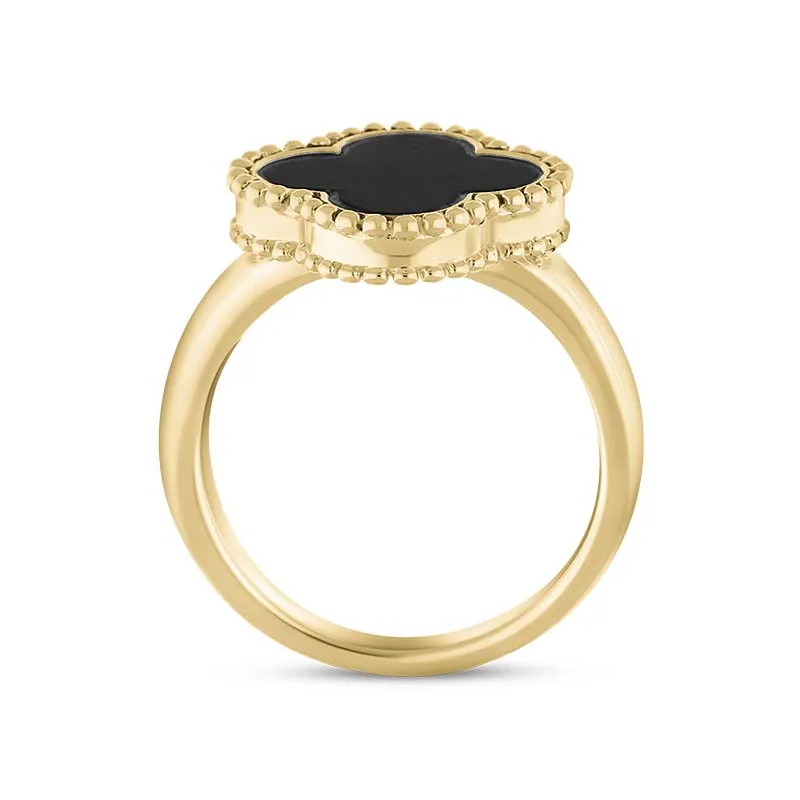 9ct Yellow Gold Whitby Jet Bloom Four Leaf Clover Ball Edge Ring