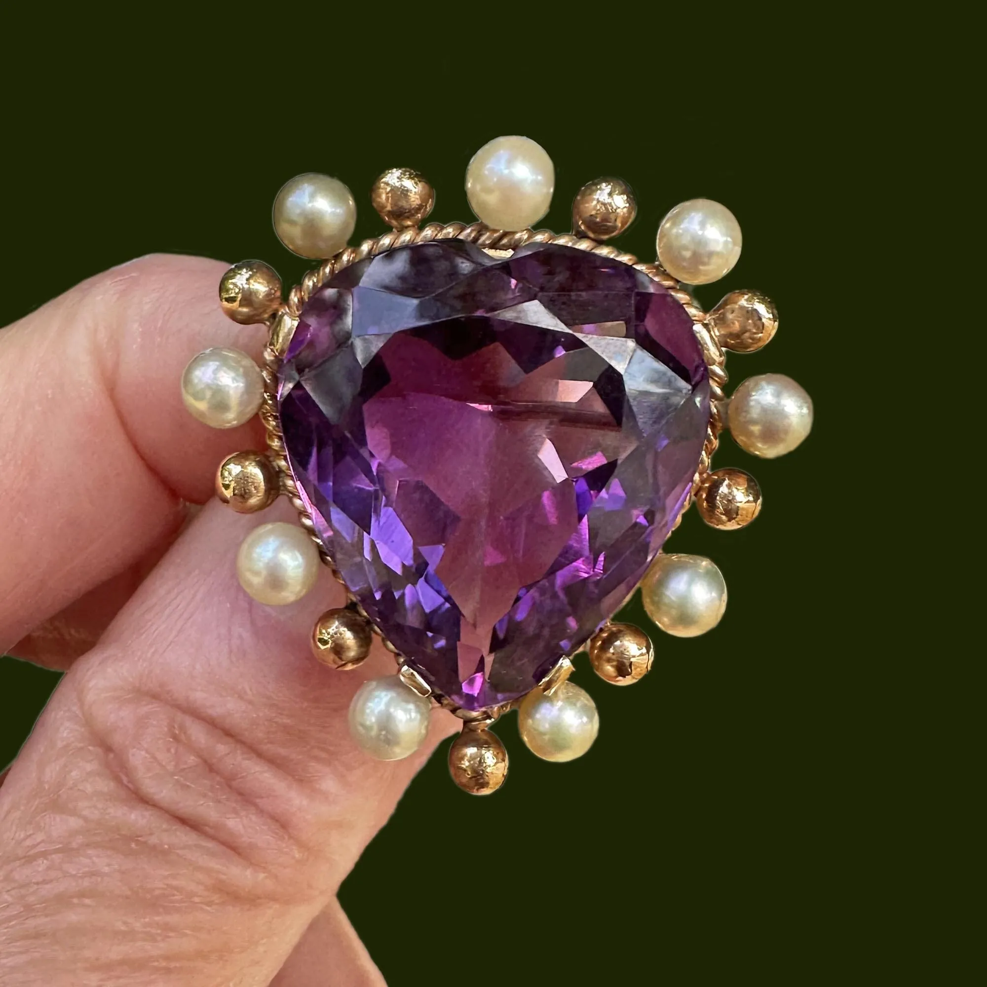 Antique 14K Gold Pearl Amethyst Heart Brooch Pendant