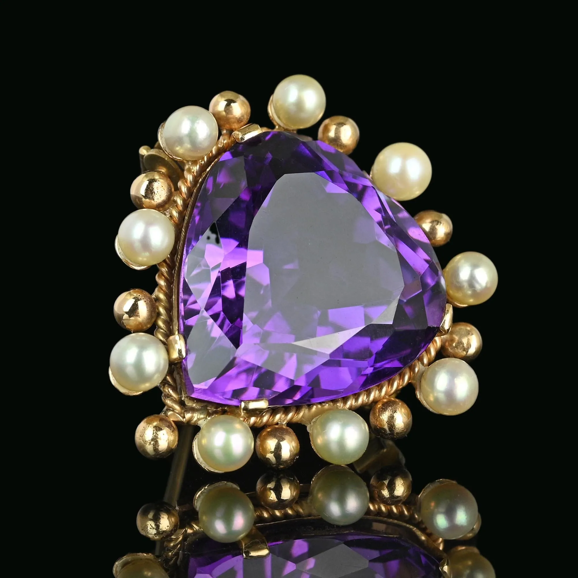 Antique 14K Gold Pearl Amethyst Heart Brooch Pendant