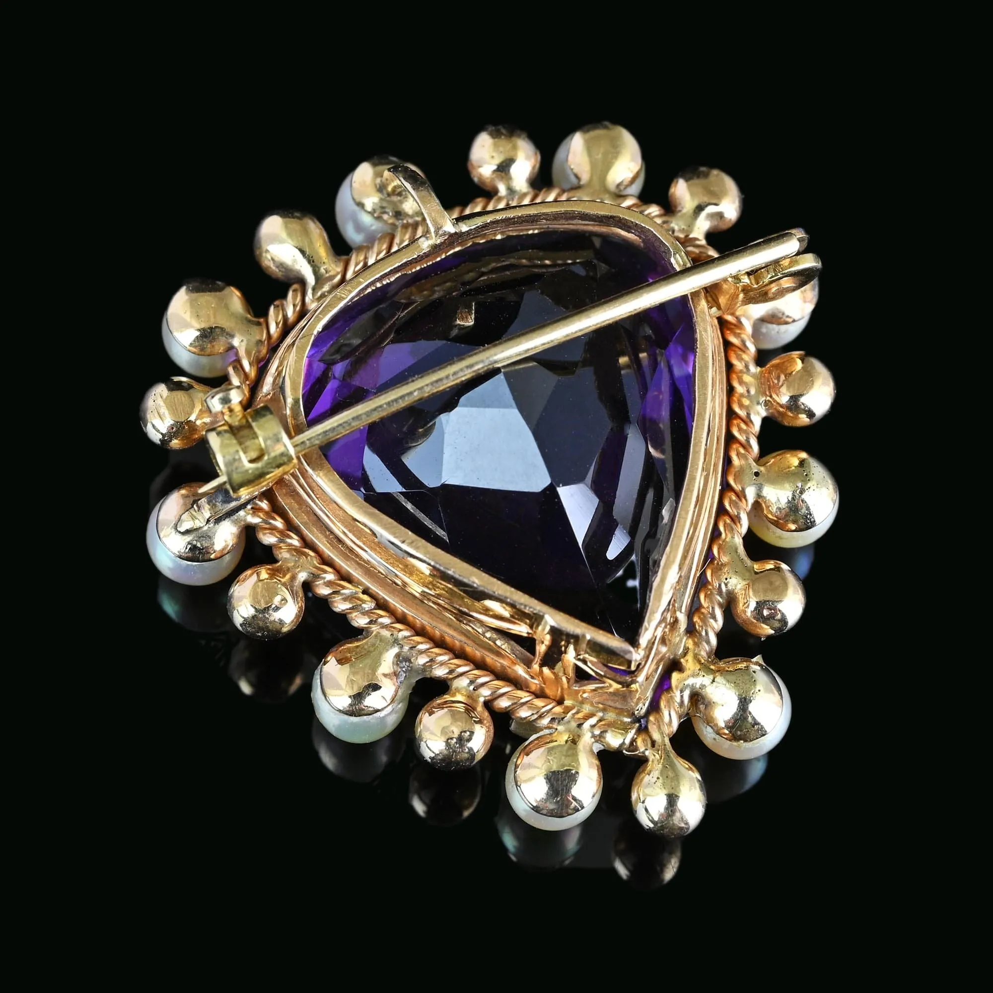 Antique 14K Gold Pearl Amethyst Heart Brooch Pendant