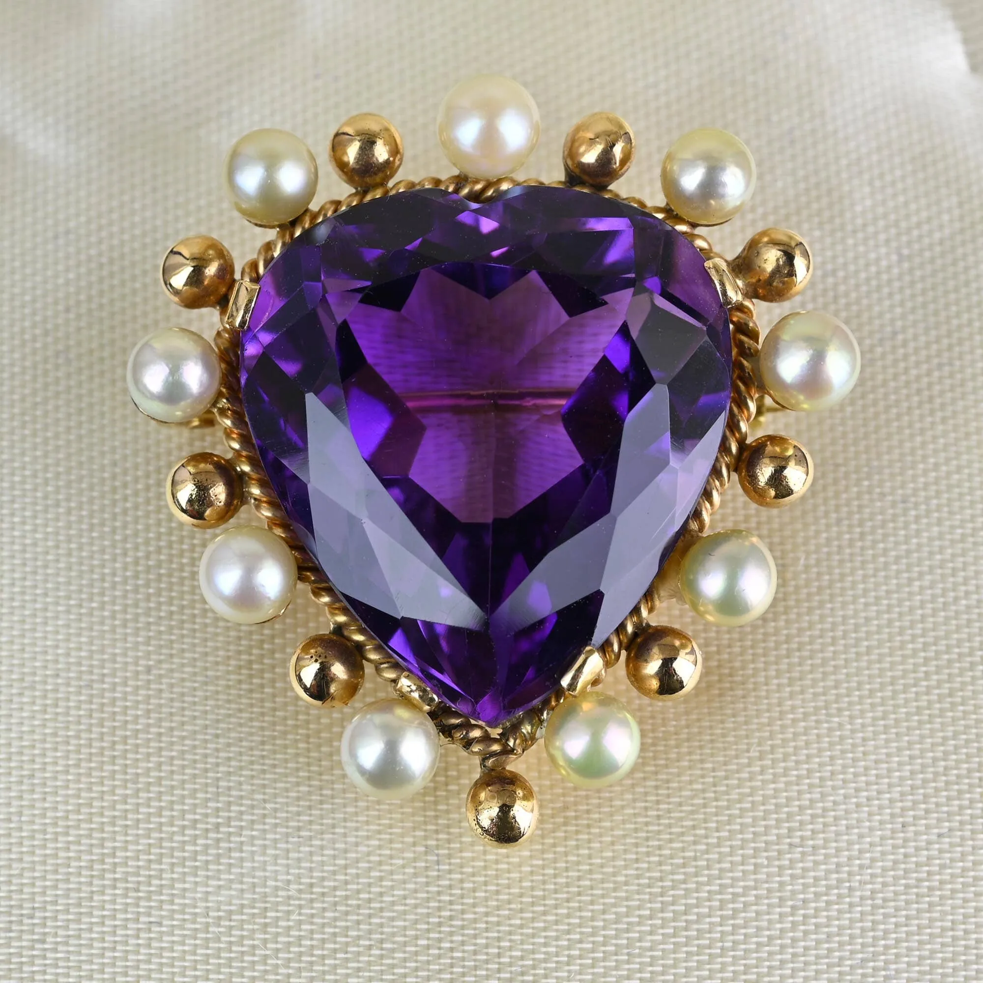 Antique 14K Gold Pearl Amethyst Heart Brooch Pendant