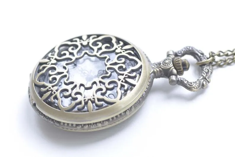 Antique Bronze Large Filigree Pocket Watch Necklace Set of 1 A8538