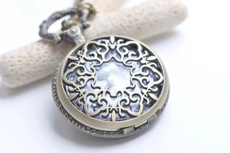 Antique Bronze Large Filigree Pocket Watch Necklace Set of 1 A8538