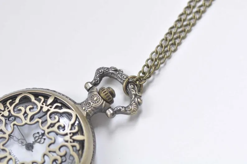 Antique Bronze Large Filigree Pocket Watch Necklace Set of 1 A8538