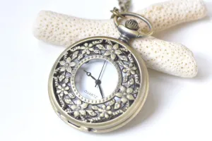 Antique Bronze Large Flower Leaf Pocket Watch Necklace Set of 1 A2164