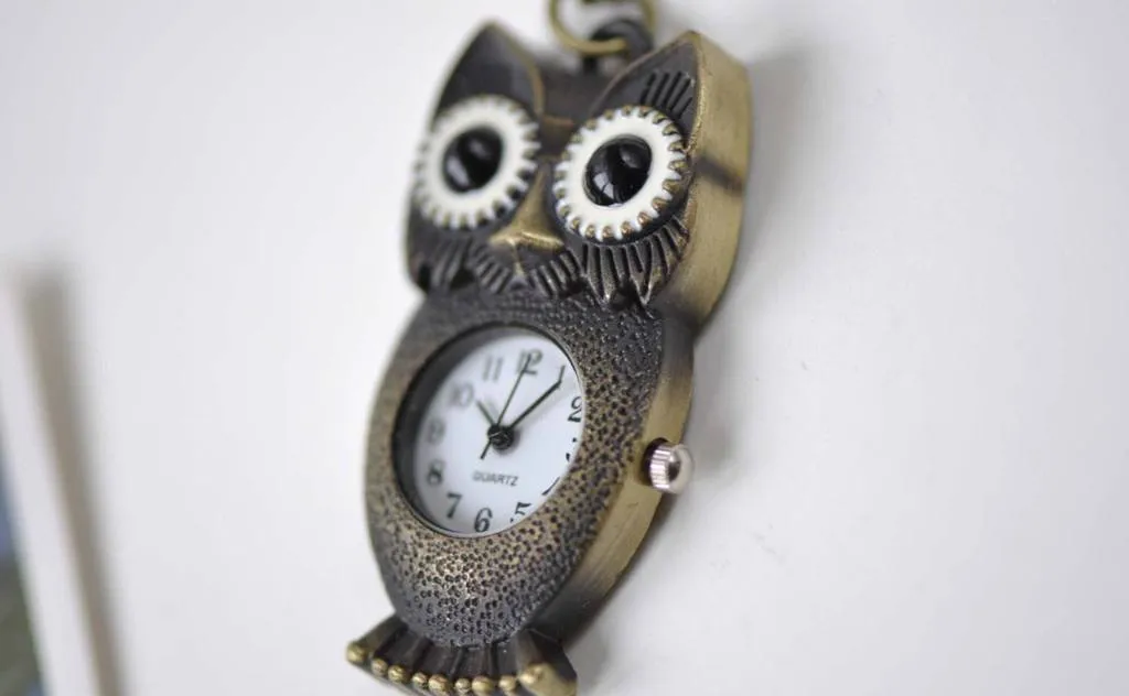 Antique Bronze Long Owl Pocket Watch A7884