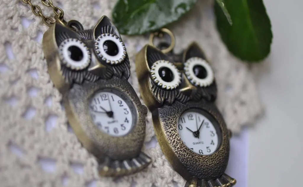 Antique Bronze Long Owl Pocket Watch A7884