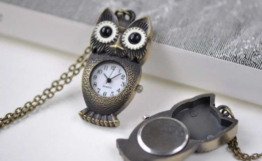 Antique Bronze Long Owl Pocket Watch A7884