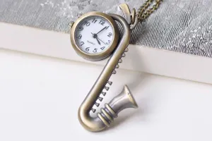 Antique Bronze Saxophone Pocket Watch Necklace Set of 1 A2697