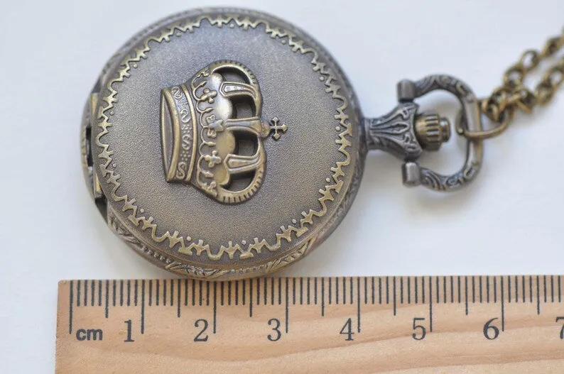 Antique Bronze Small Crown Round Pocket Watch Necklace Set of 1