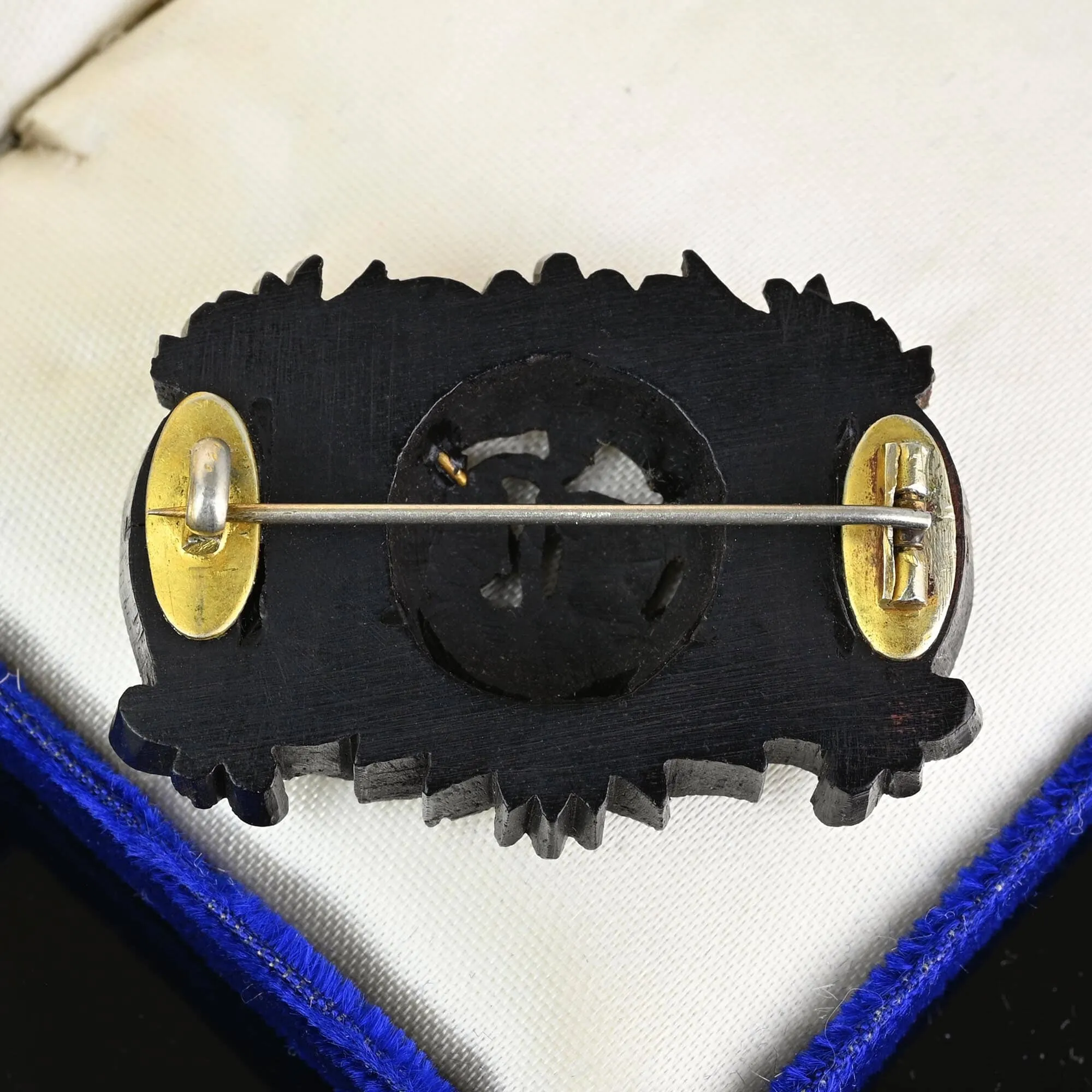 Antique Gold Inlay Carved Snowdrop Irish Bog Oak Brooch