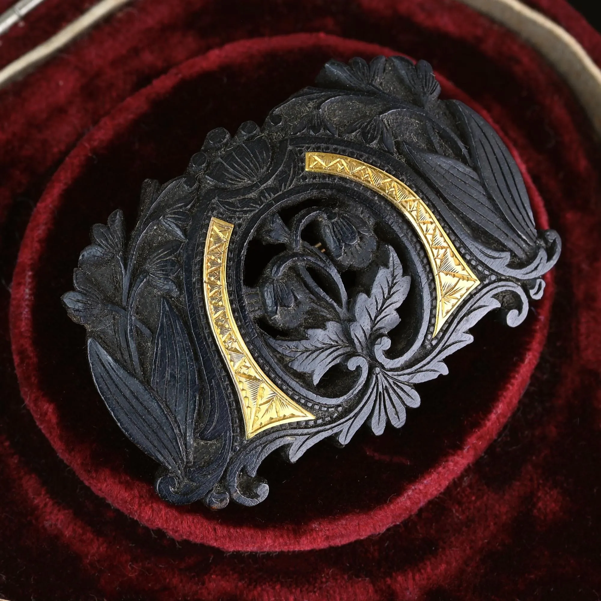 Antique Gold Inlay Carved Snowdrop Irish Bog Oak Brooch