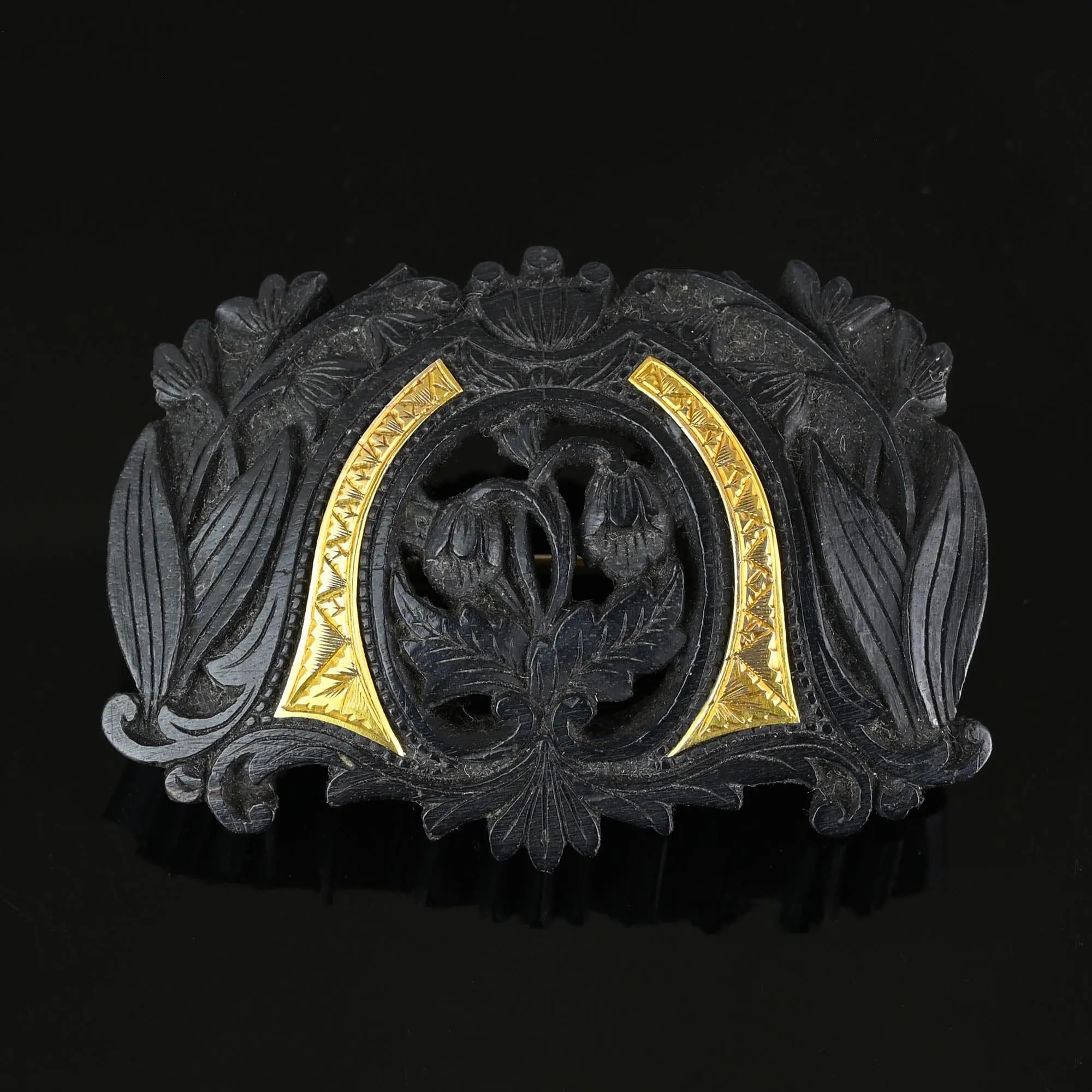 Antique Gold Inlay Carved Snowdrop Irish Bog Oak Brooch