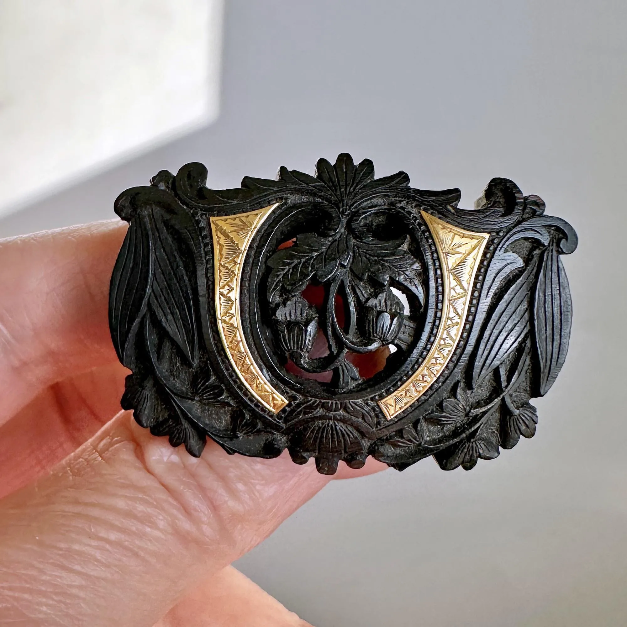 Antique Gold Inlay Carved Snowdrop Irish Bog Oak Brooch