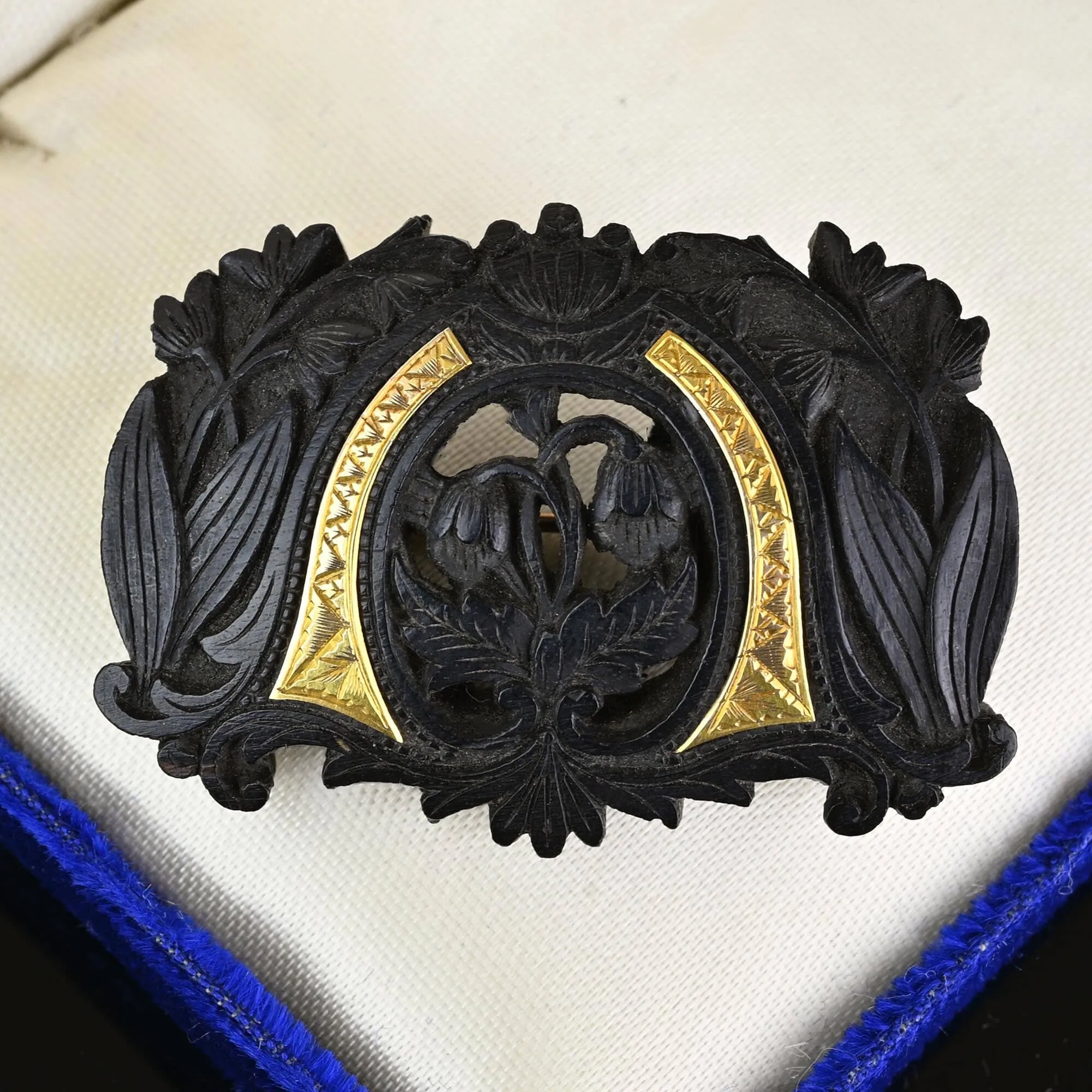 Antique Gold Inlay Carved Snowdrop Irish Bog Oak Brooch