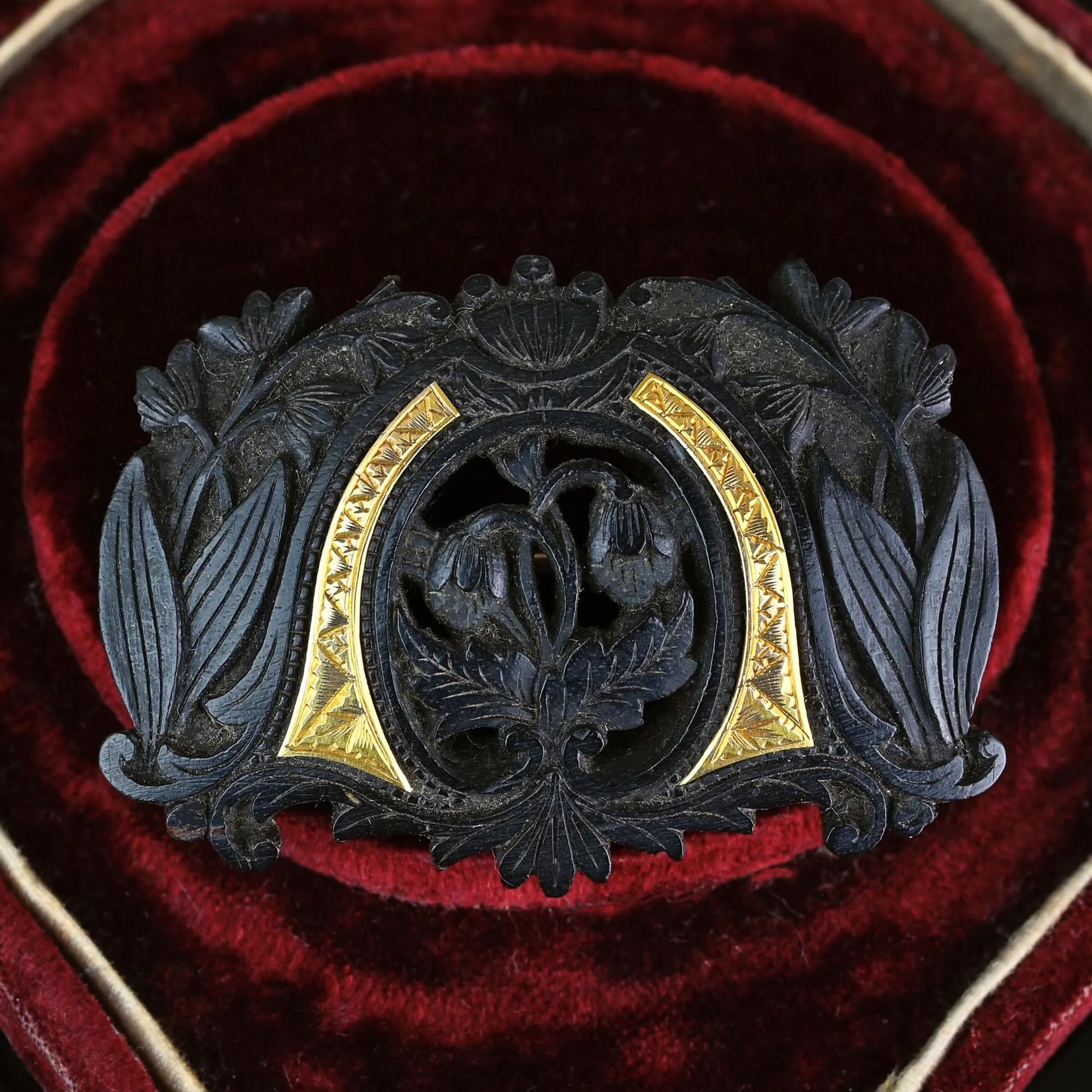 Antique Gold Inlay Carved Snowdrop Irish Bog Oak Brooch