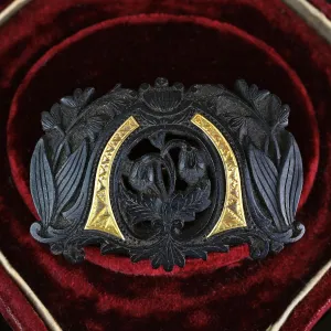 Antique Gold Inlay Carved Snowdrop Irish Bog Oak Brooch