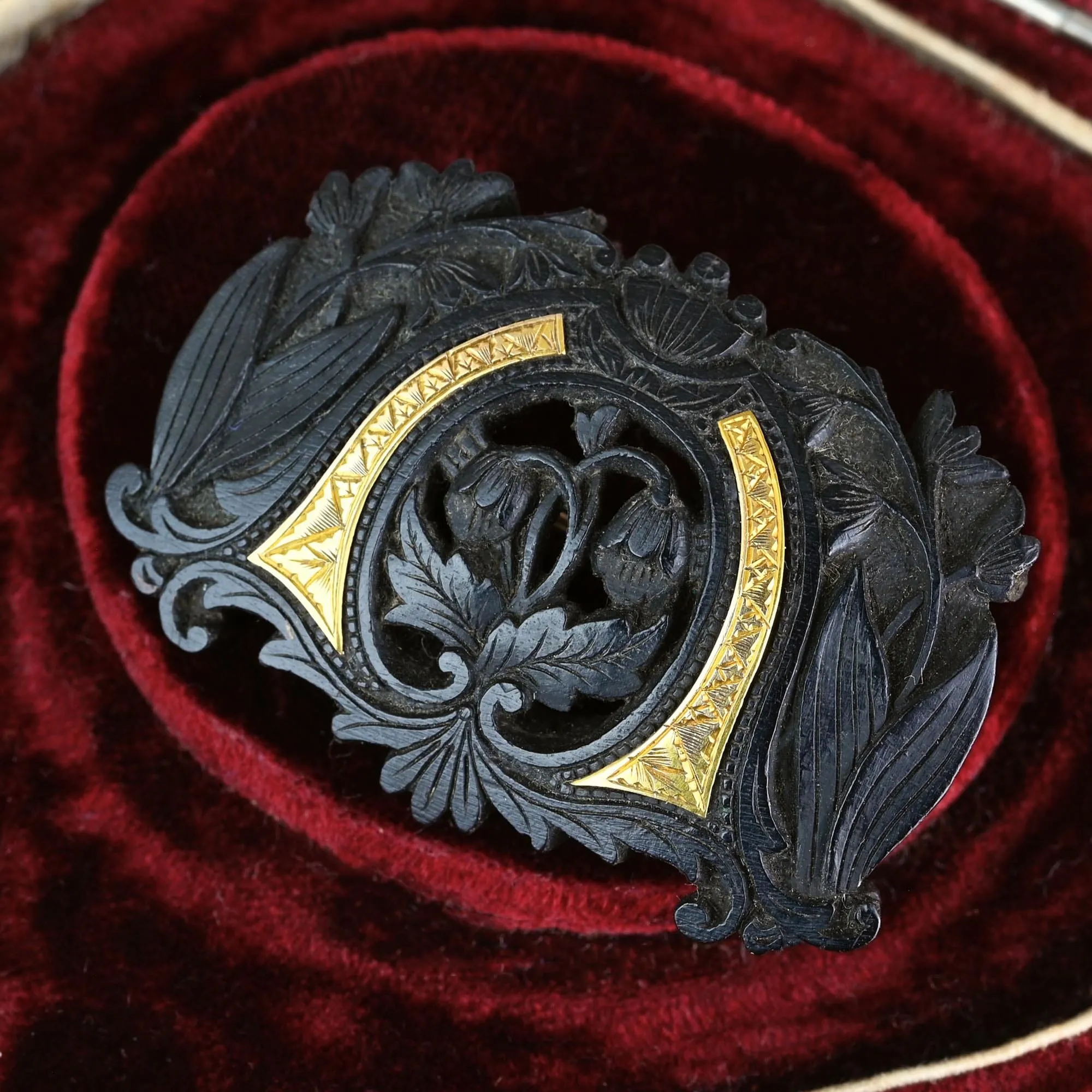 Antique Gold Inlay Carved Snowdrop Irish Bog Oak Brooch