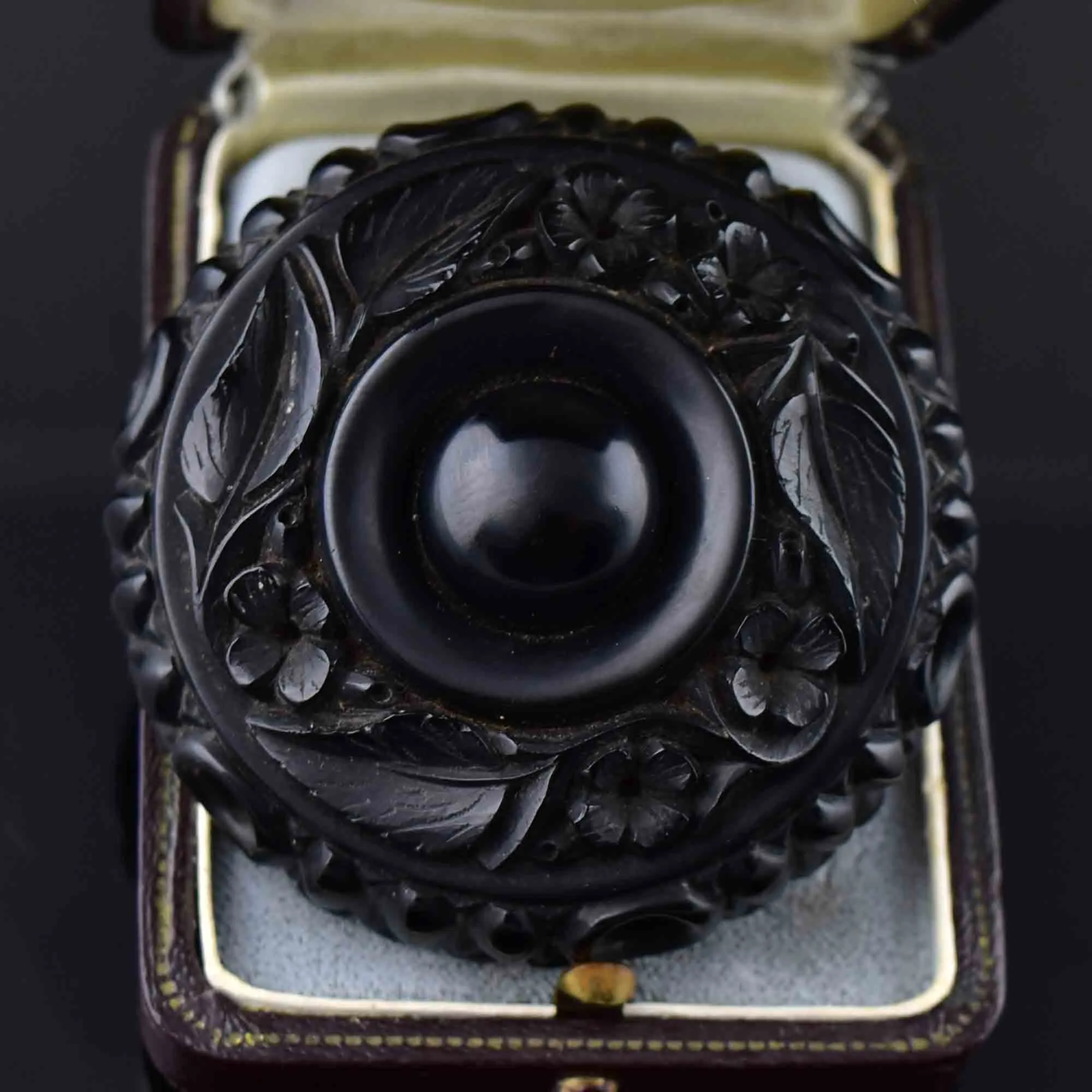 Antique Victorian Carved Whitby Jet Forget Me Not Brooch