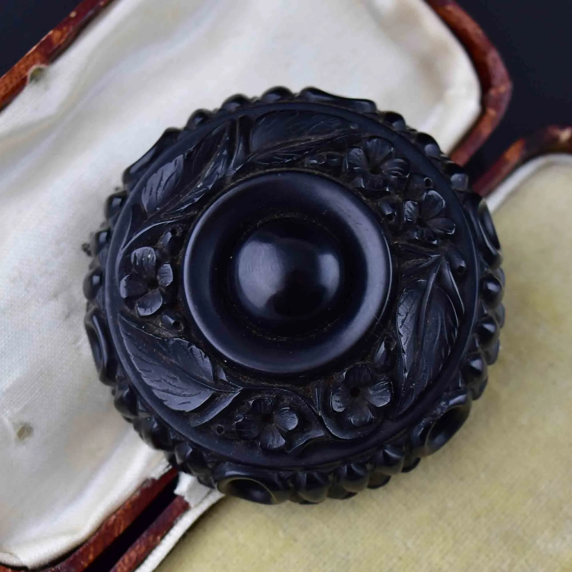 Antique Victorian Carved Whitby Jet Forget Me Not Brooch