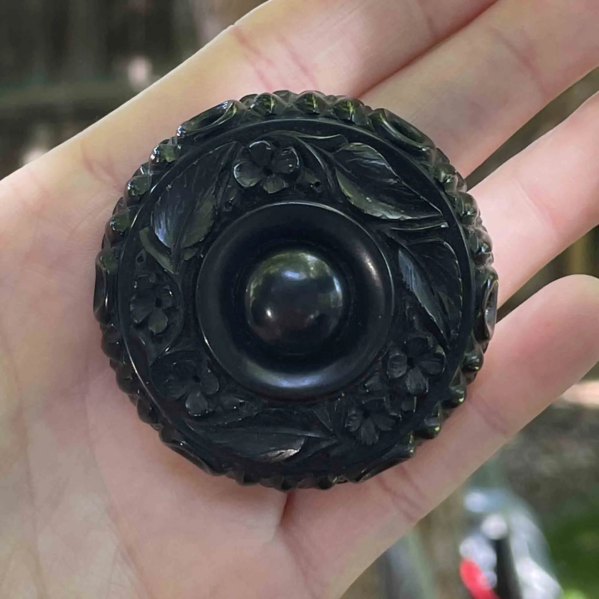 Antique Victorian Carved Whitby Jet Forget Me Not Brooch
