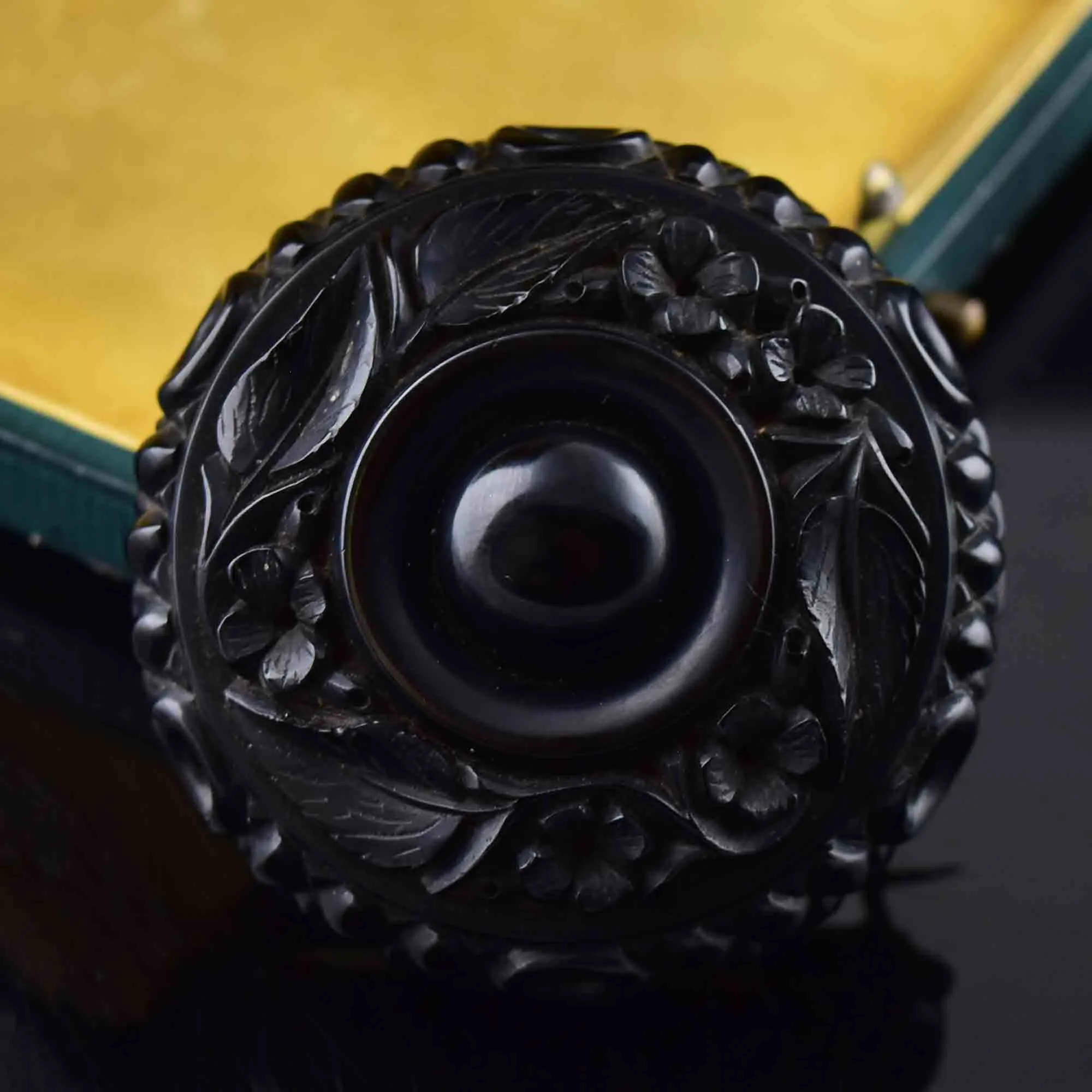 Antique Victorian Carved Whitby Jet Forget Me Not Brooch