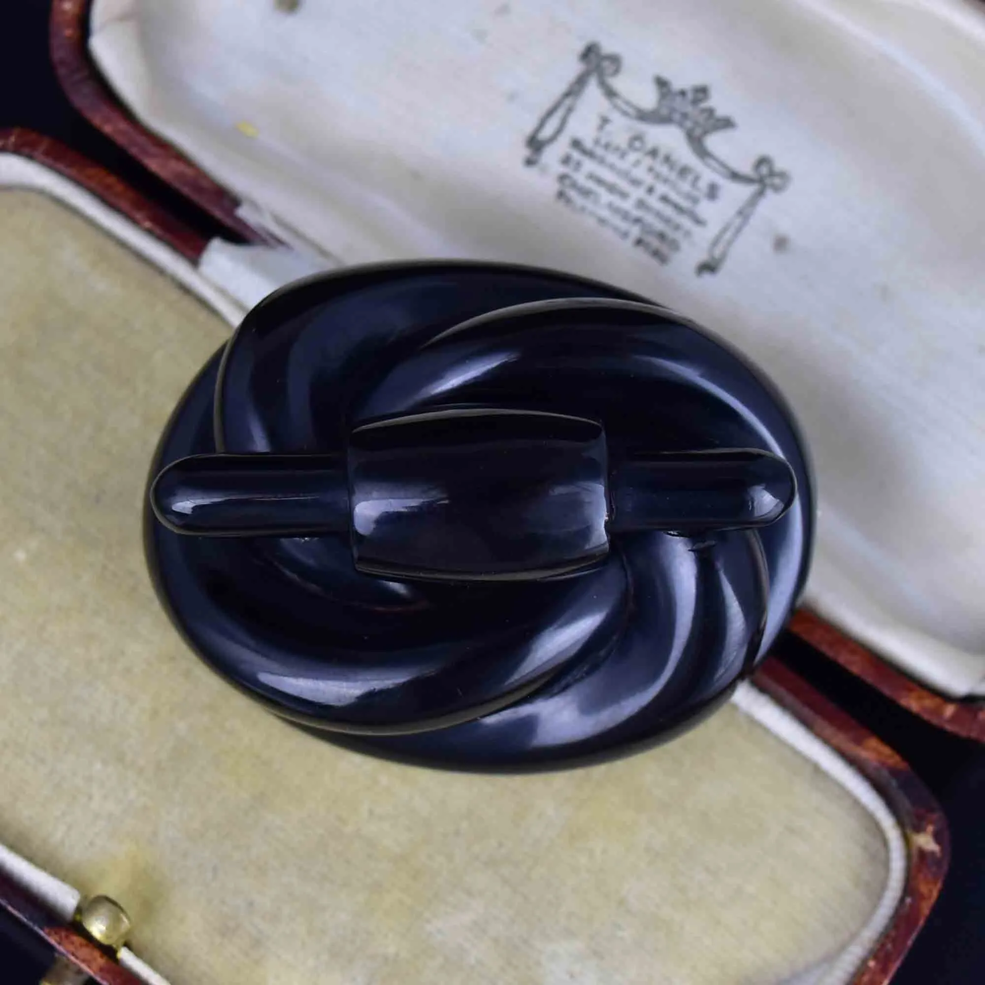 Antique Victorian Carved Whitby Jet Lovers Knot Brooch