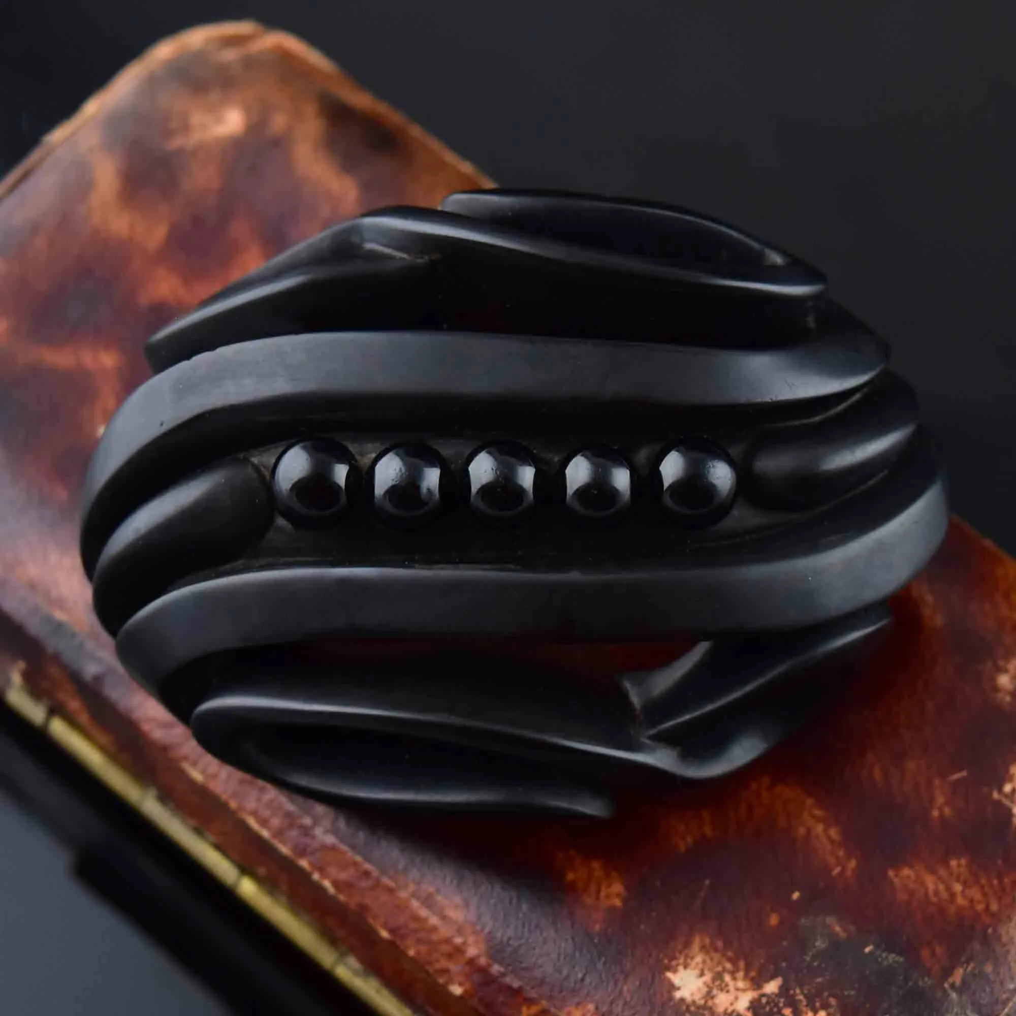Antique Victorian Carved Whitby Jet Mourning Brooch