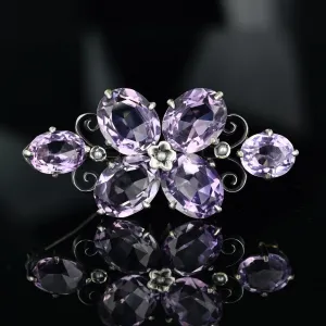 Antique Victorian Silver Seed Pearl 10CTW Amethyst Brooch