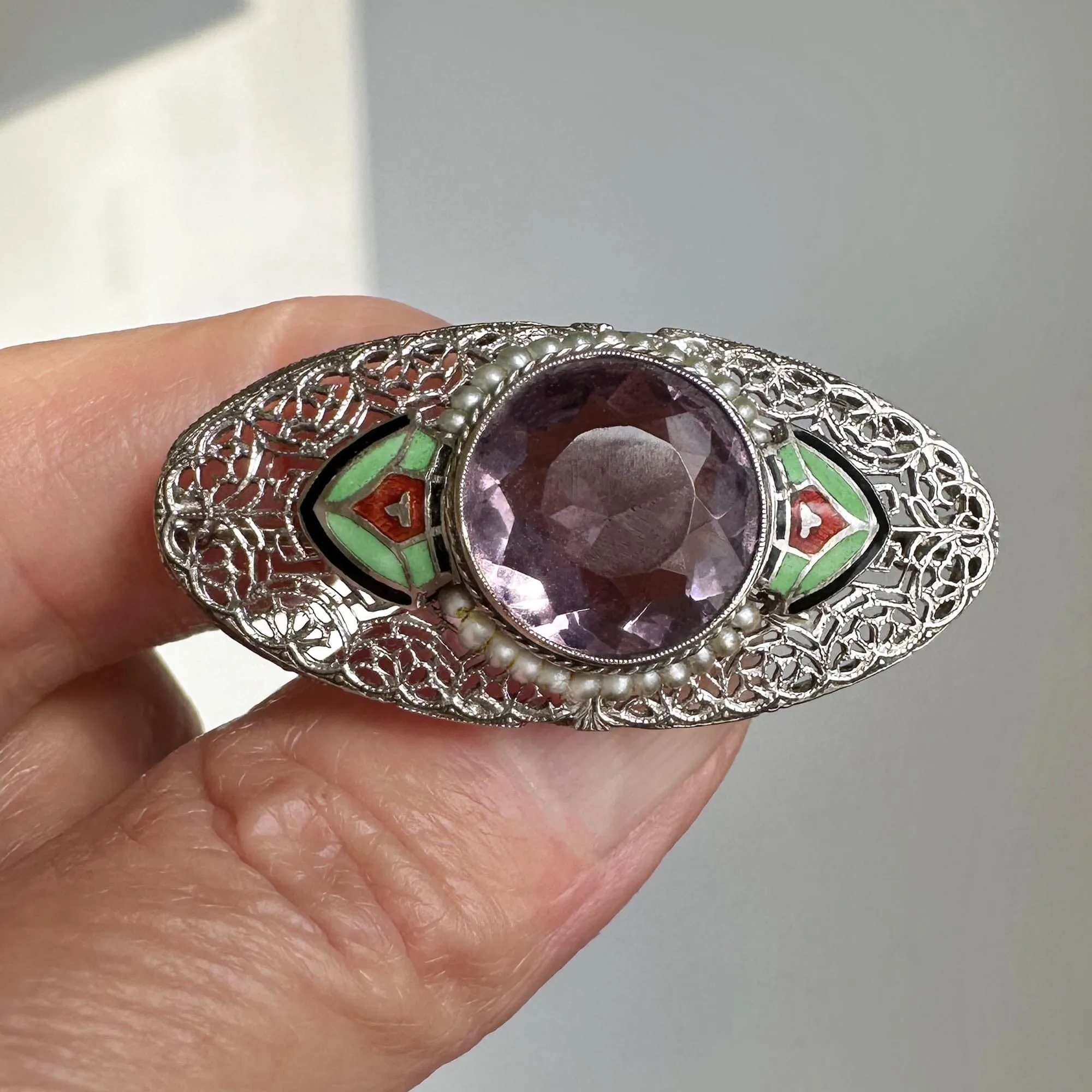 Art Deco Platinum 14K White Gold Enamel Amethyst Brooch