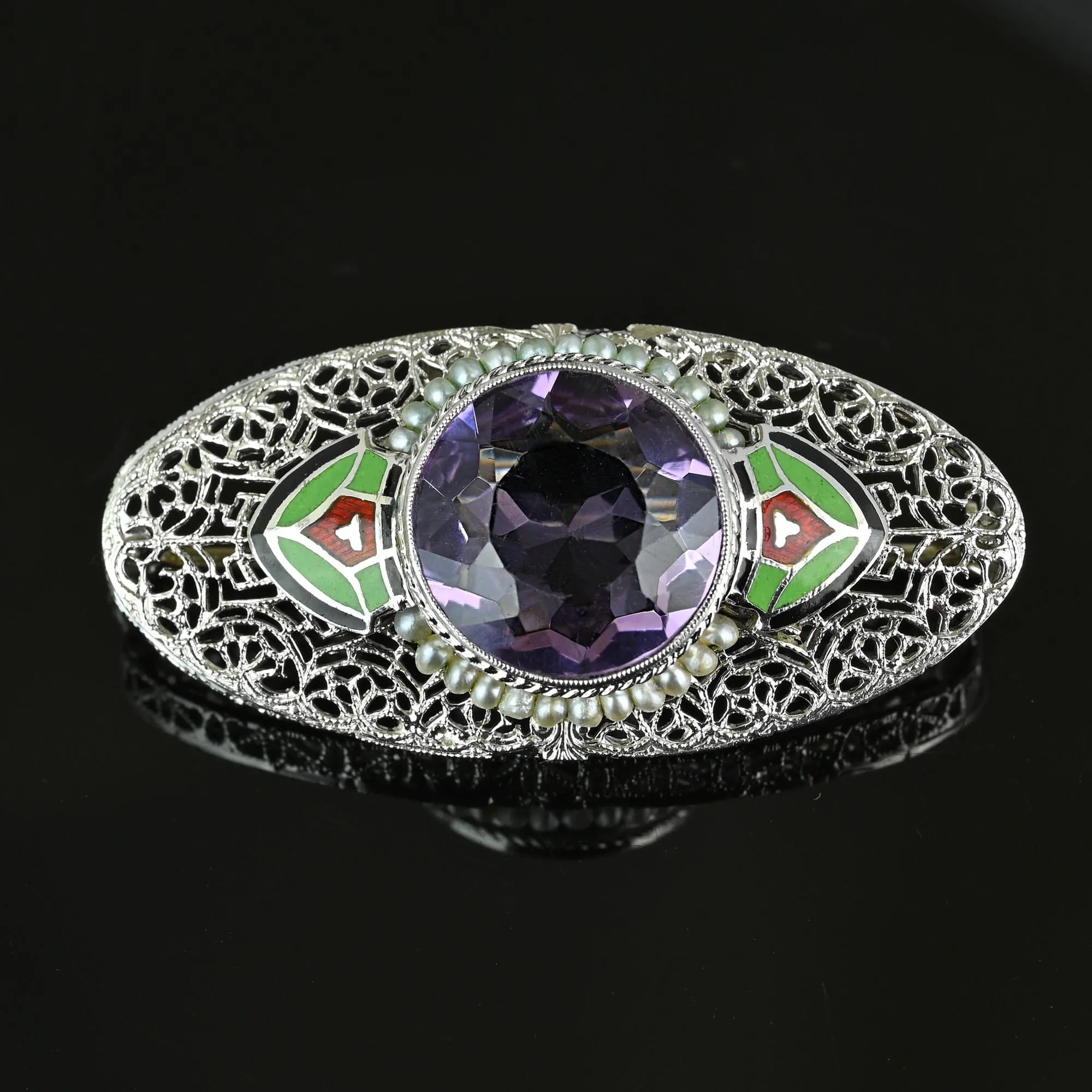 Art Deco Platinum 14K White Gold Enamel Amethyst Brooch
