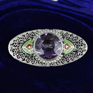 Art Deco Platinum 14K White Gold Enamel Amethyst Brooch