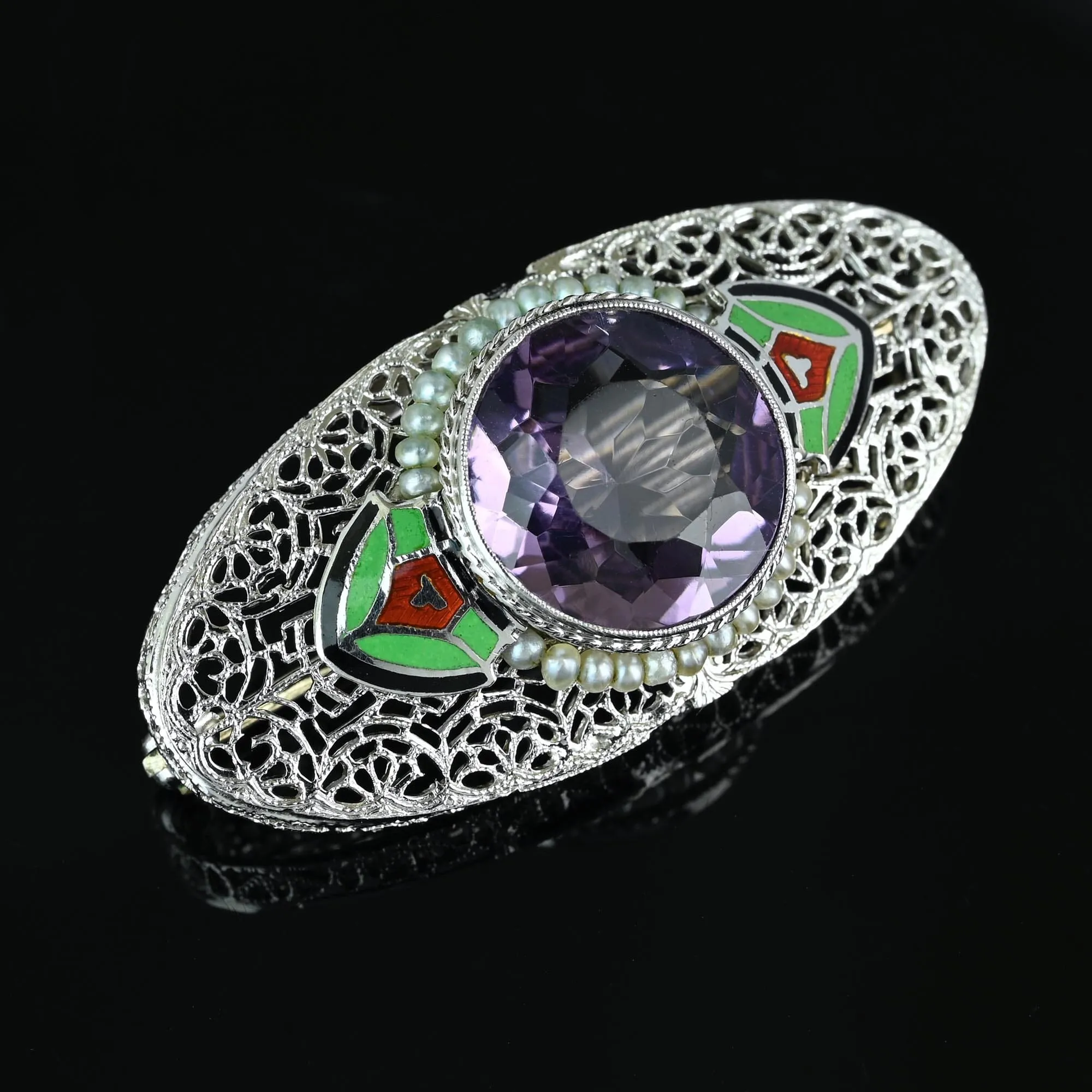 Art Deco Platinum 14K White Gold Enamel Amethyst Brooch