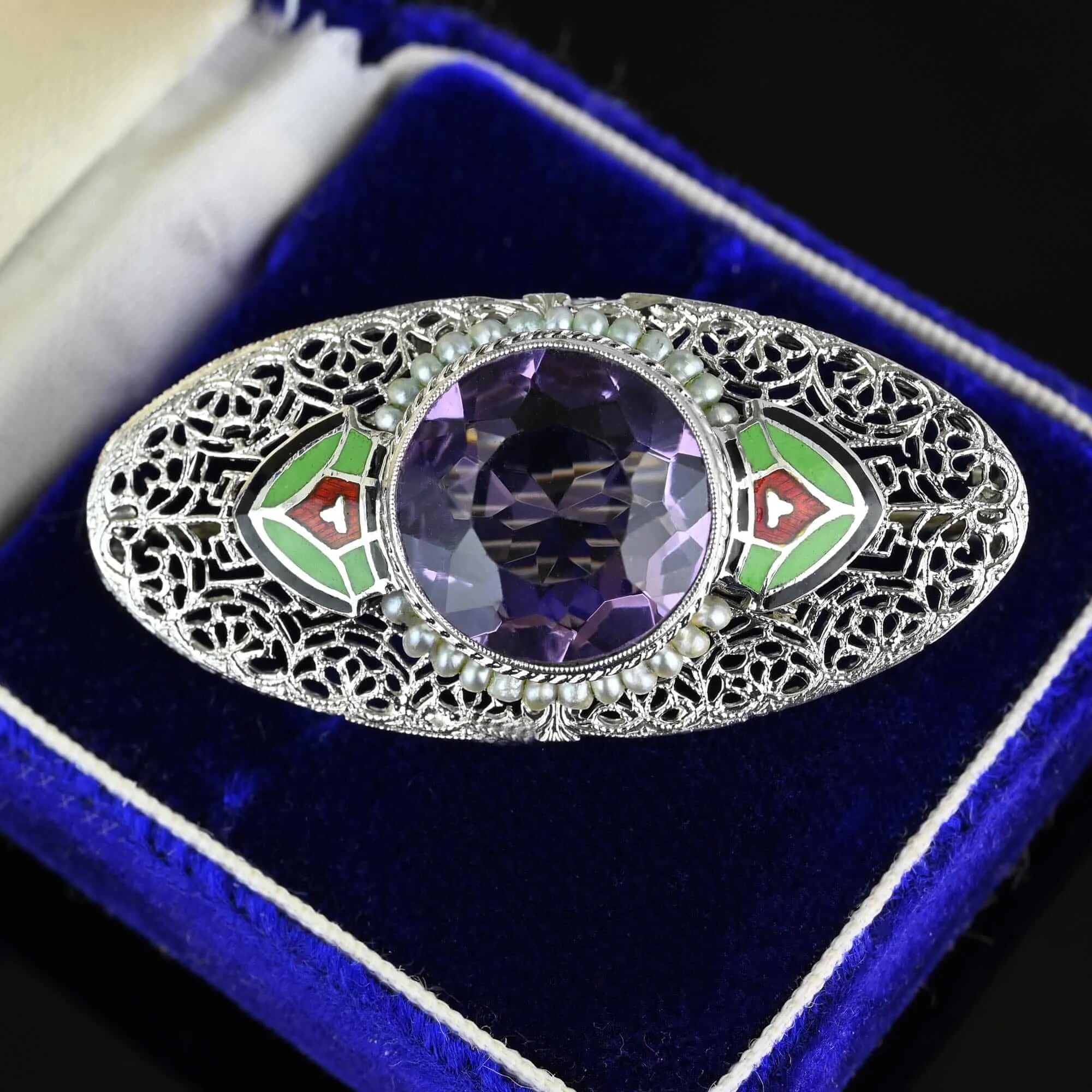 Art Deco Platinum 14K White Gold Enamel Amethyst Brooch