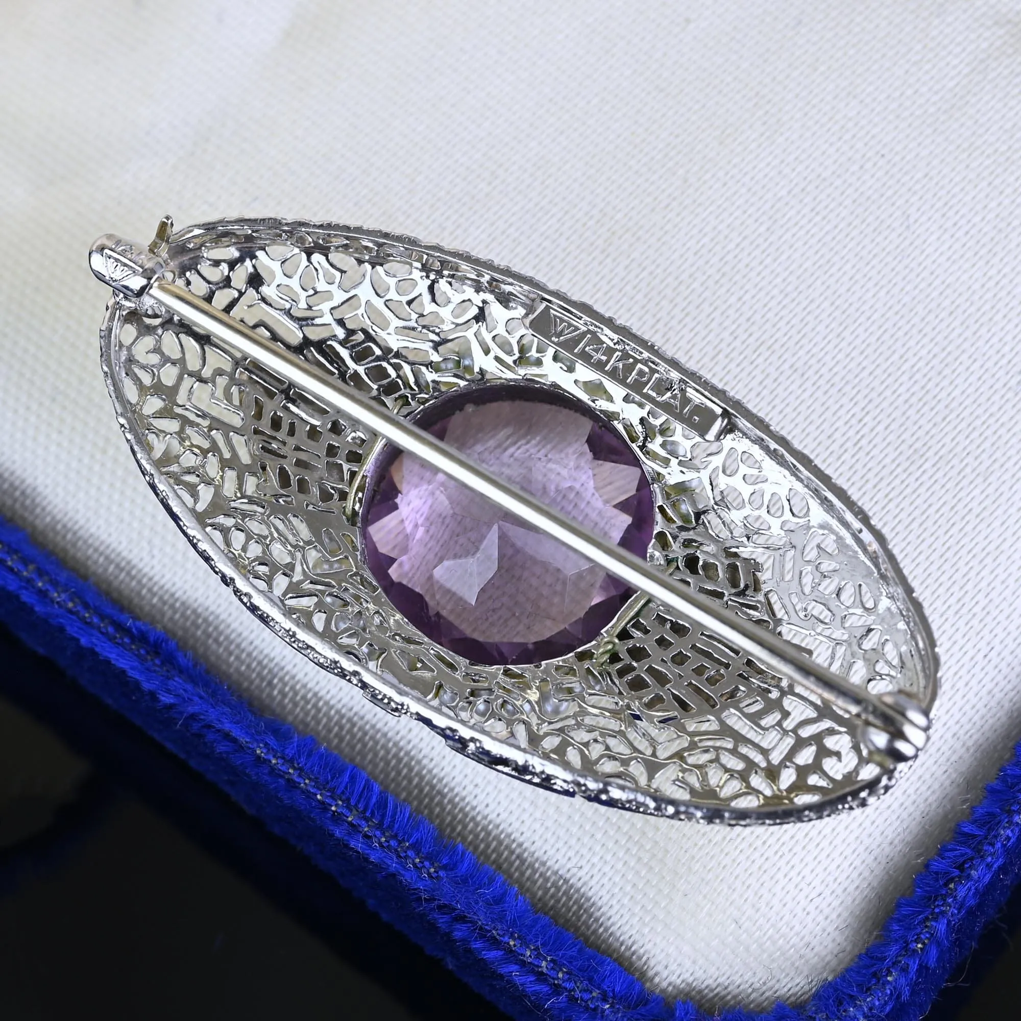 Art Deco Platinum 14K White Gold Enamel Amethyst Brooch