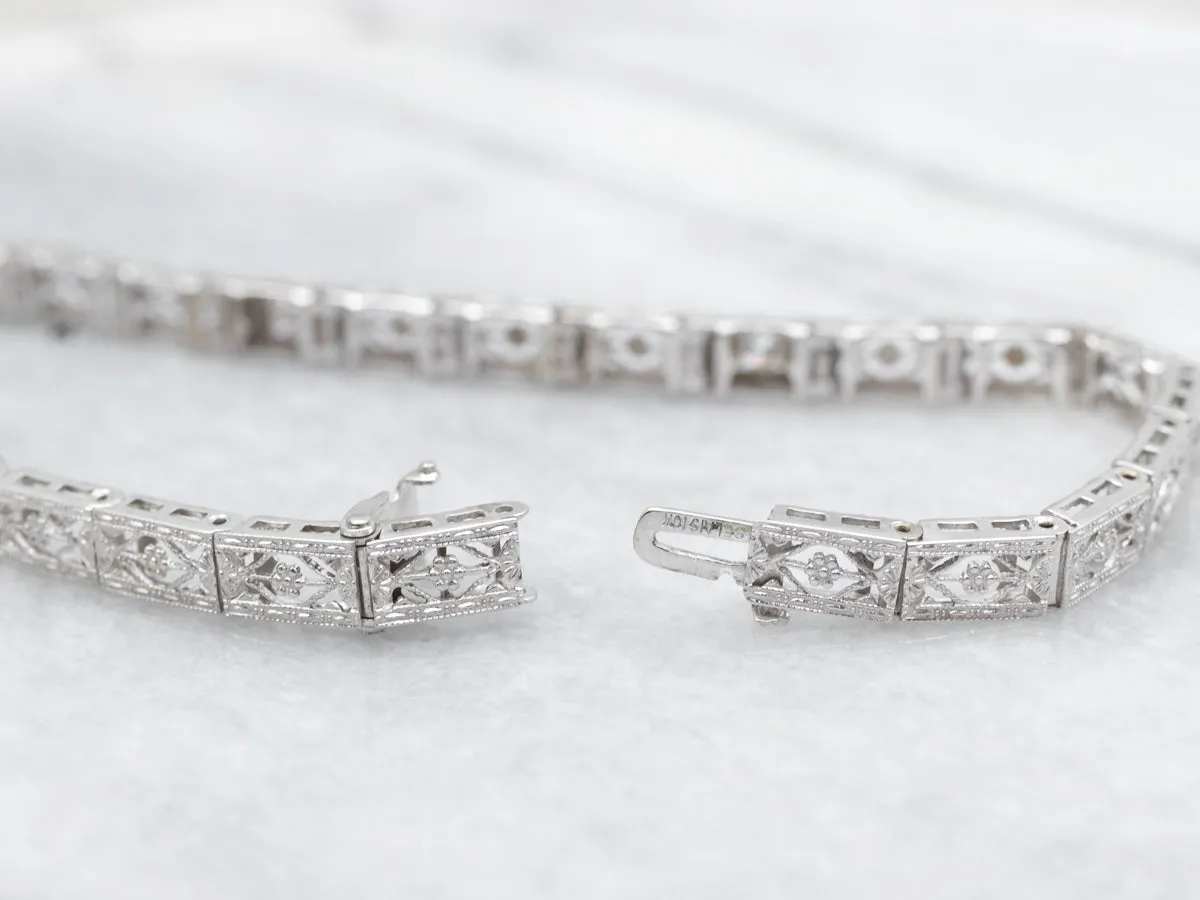 Art Deco Princess Cut Diamond and Filigree Link Bracelet