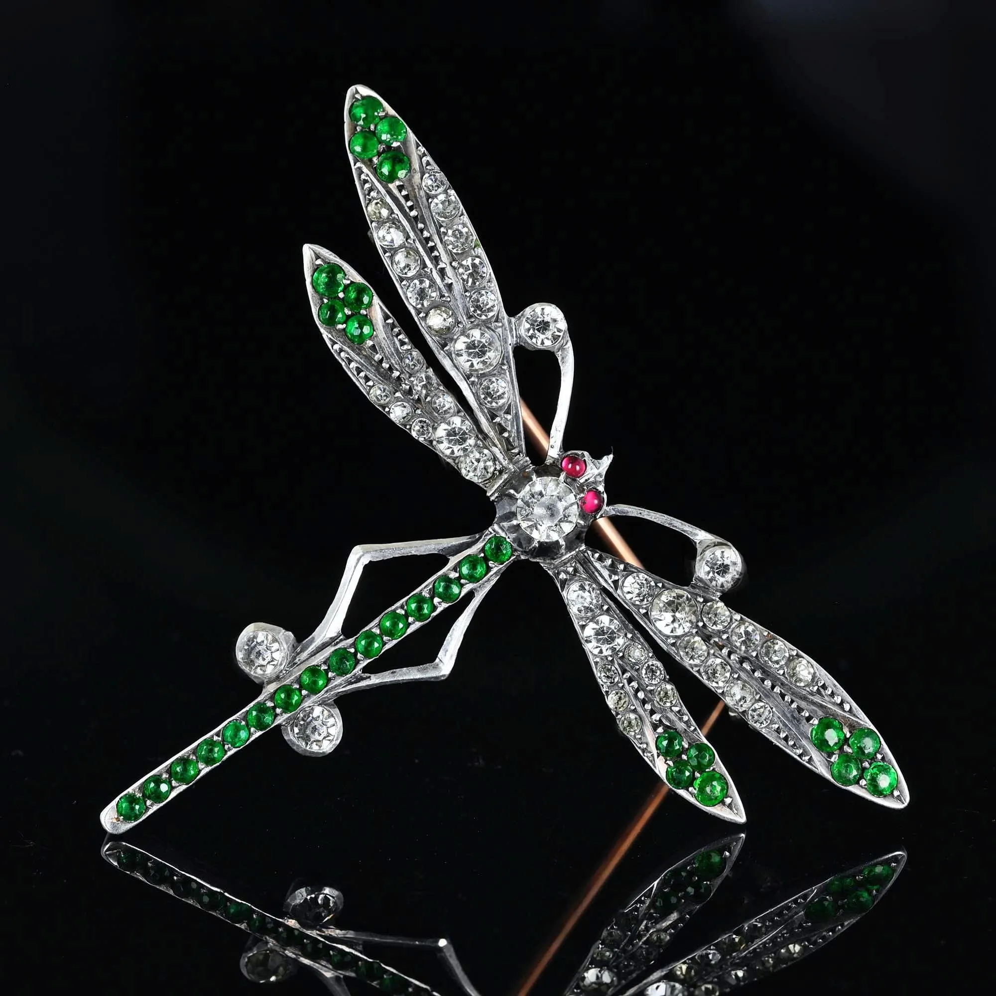 Art Deco Ruby Diamond Emerald Paste Dragonfly Brooch