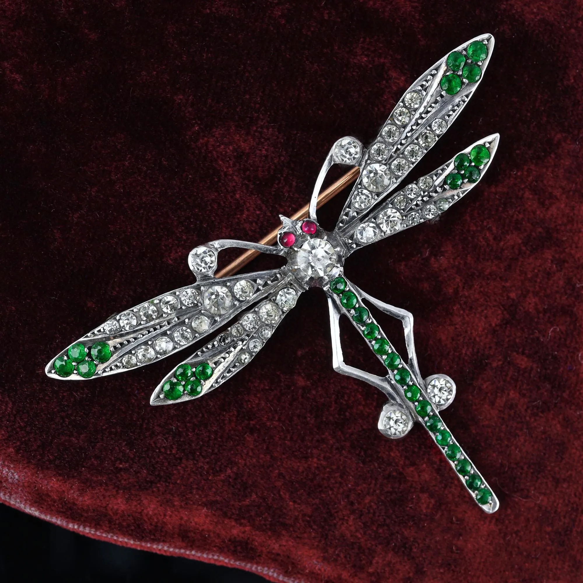 Art Deco Ruby Diamond Emerald Paste Dragonfly Brooch