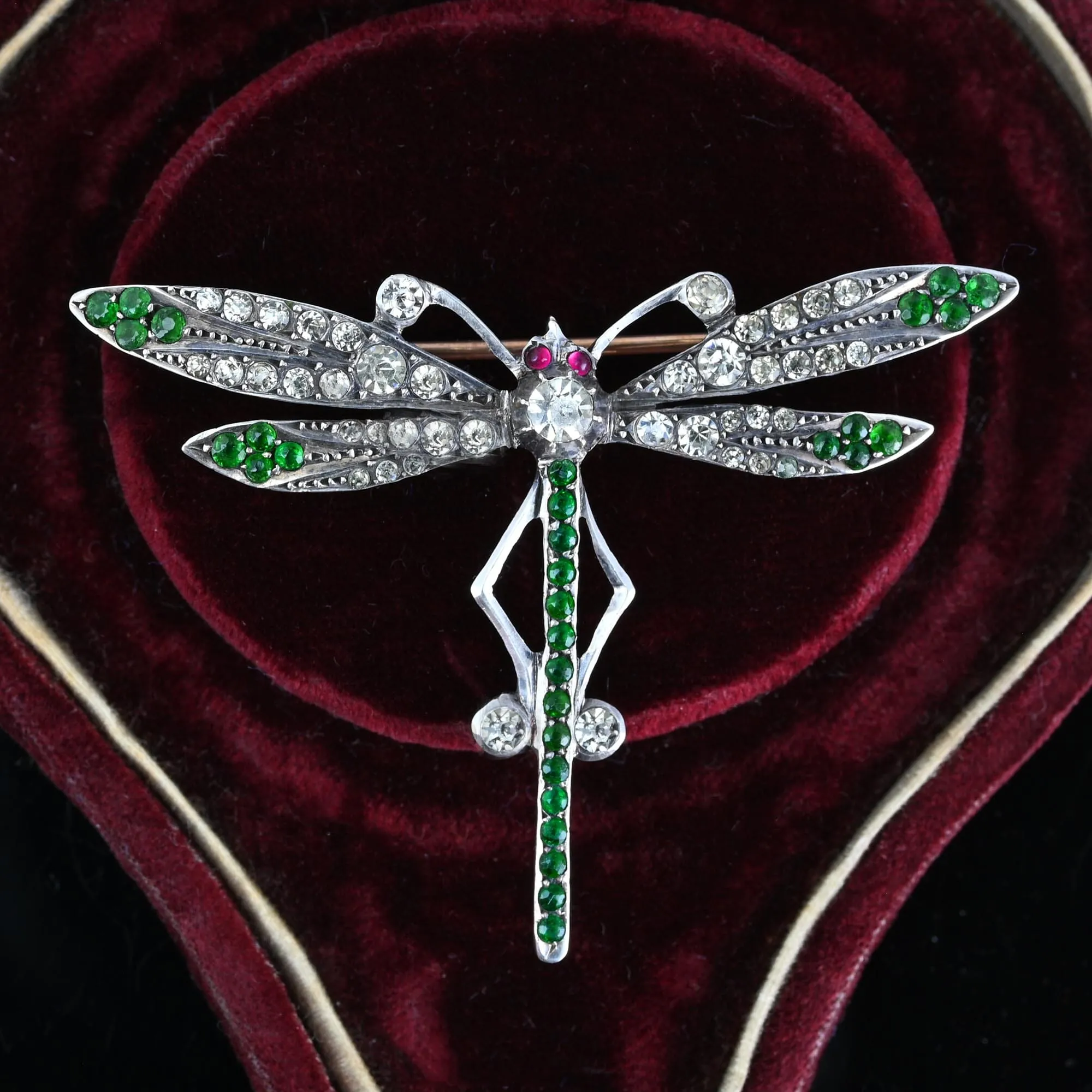 Art Deco Ruby Diamond Emerald Paste Dragonfly Brooch