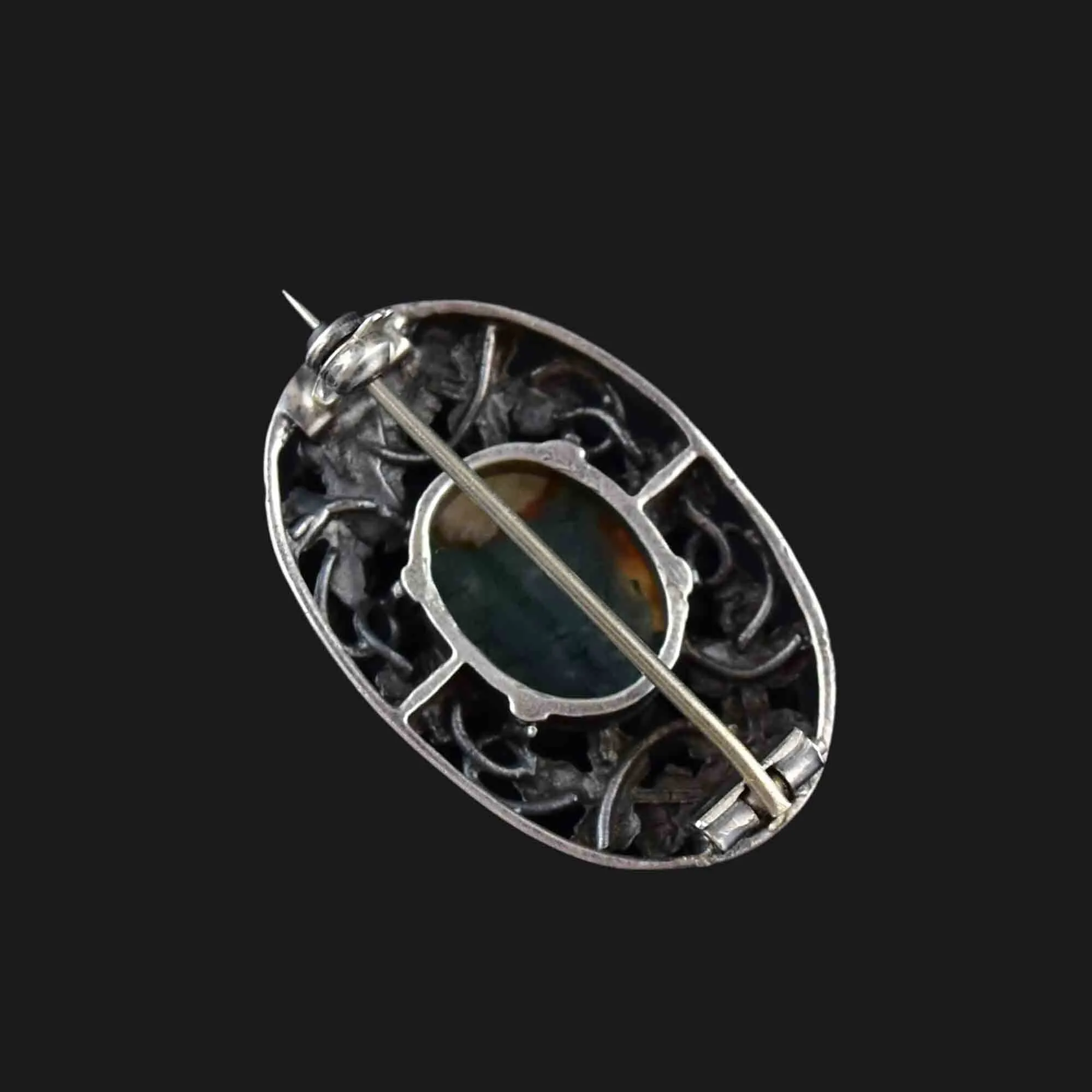 Arts and Crafts Silver Forget Me Not Scottish Moss Agate Brooch